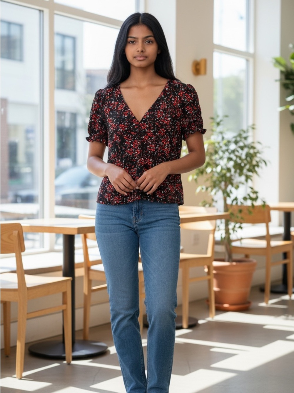 Dynamite Black & Red Floral V-Neck Puff Sleeve Top size large